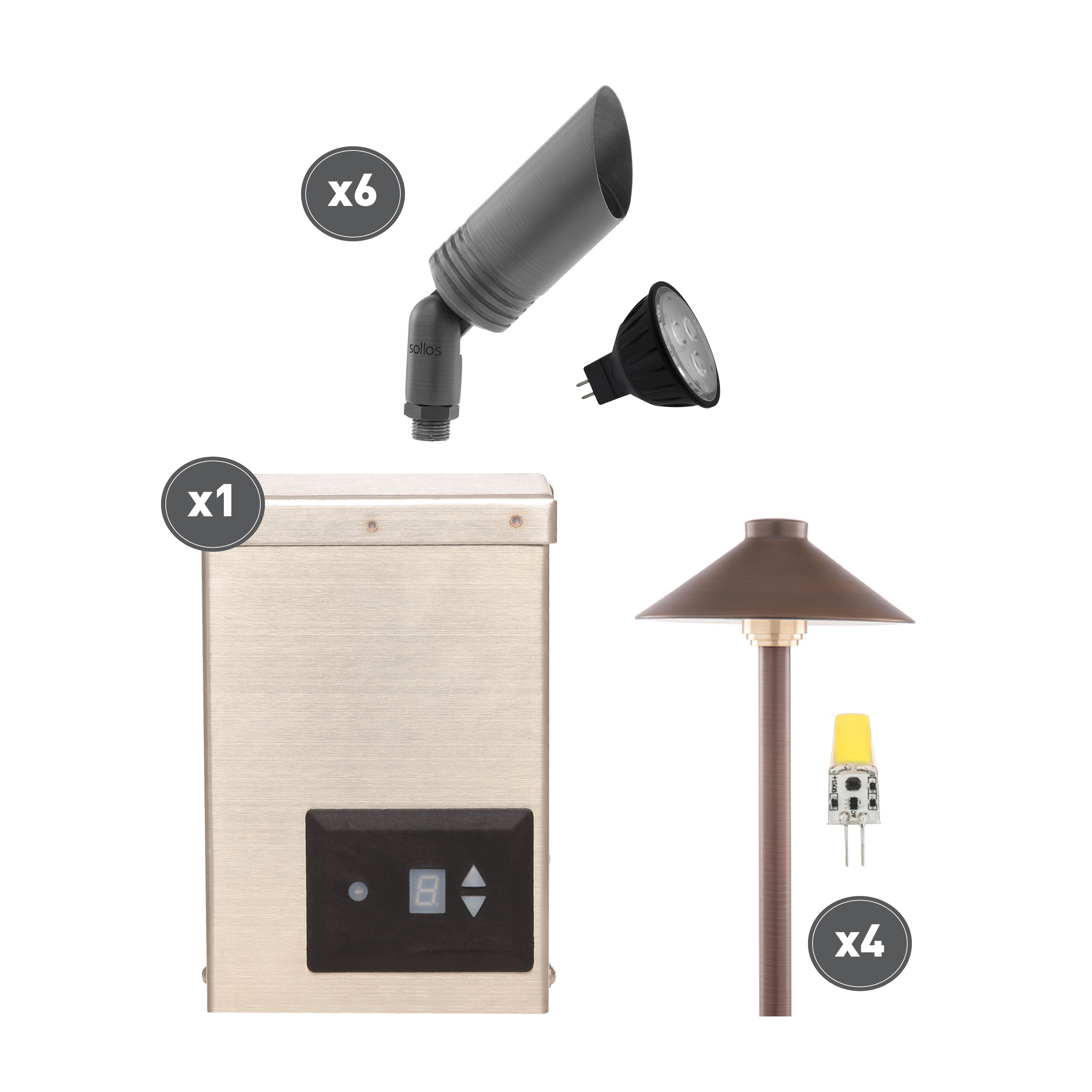 Sollos Bullet and Path Light Kit - Antique Brass - Includes LED Lamps and Transformer